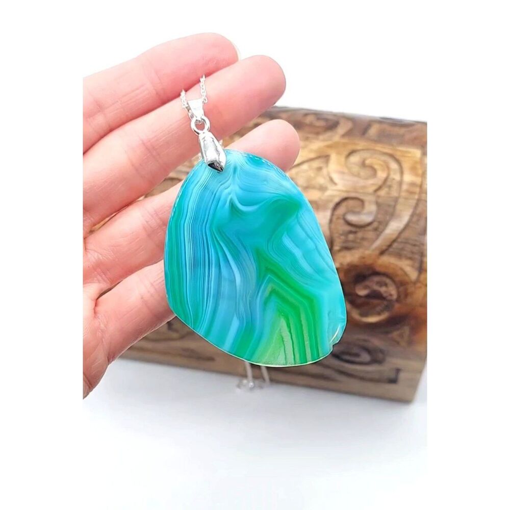 Large Agate Crystal Necklace Blue Green Stone Statement Pendant